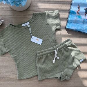 Kids Olive Waffle Knit Matching Set - Short Sleeve Top & Shorts